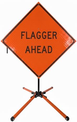 Traffic Roll-Up Sign Kit with Stand – Collapsible Safety Sign & Heavy-Duty Portable Stand, High Visibility, Easy Setup (Flagger Ahead, Reflective)