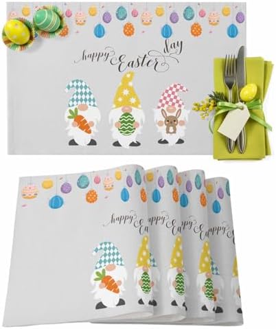 Vandarllin Happy Easter Gnomes Placemats Set of 4,Heat Resistant Cotton Linen,Carrrot Rabbit Bunny Colorful Eggs Table Mats Washable Spring Holidays Placemat Decoration for Home Kitchen Dining Party