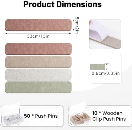 Thboxes 8 Pack Felt Bulletin Board Strips, 13x2 Inch Self Adhesive Felt Pin Boards with 50 Pushpins and 10 Wooden Clips Push Pins, Cork Board for Walls Home Office Decor(Vintage Neutral)