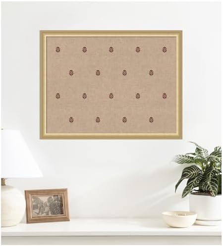 Kate and Laurel Framed Fabric Pinboard 26 x 20, Red Botanical Block Print Printed Linen Classic Bulletin Board for Use as a Vision Board or Wall Organization, Florence Gold Frame