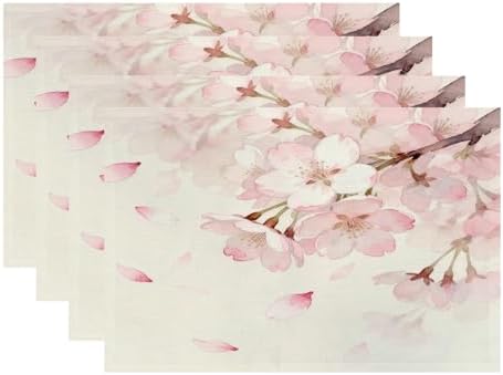 Batmerry Vintage Cherry Blossom Linen Placemats Set of 4, Delicate Watercolor Pink Flowers Washable Table Mats for Kitchen Table Thickened Heat Insulation Dining Set Indoor Outdoor 12X18 in