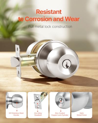VEVOR Keyed Entry Door Knob, Satin Nickel Door Knob with Round Ball, Keyed Exterior & Thumb Turn Lock Interior, All Metal Doorknobs Hardware with Lock and Keys, Modern Design for Bedroom & Bathroom