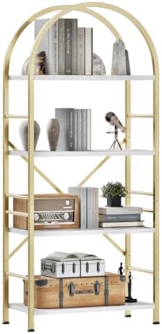 Shintenchi Arched Bookshelf, 4 Tier Bookcase, Tall Storage Shelf, Golden