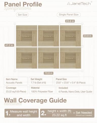 JaneTech 6 Pack Wood Acoustic Panels, Decorative Acoustic Wall Panels Sound Absorbing with Nano Glue for Recording Studio, Home Office, Conference Room, Loom Field, 23.62x23.62 Inches