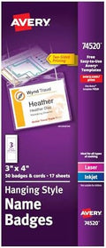 Avery Customizable Name Badges, Cord Hanging Style, 3" x 4", Laser/Inkjet Printable Name Tag Inserts, 50 Total (74520)