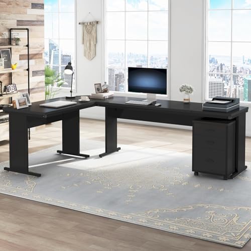 Tribesigns L-Shaped Executive Desk, Large Office Desk with 3-Drawer File Cabinet, Industrial Corner Computer Table with Drawers, Business Workstation for Home Office (Black, 83")