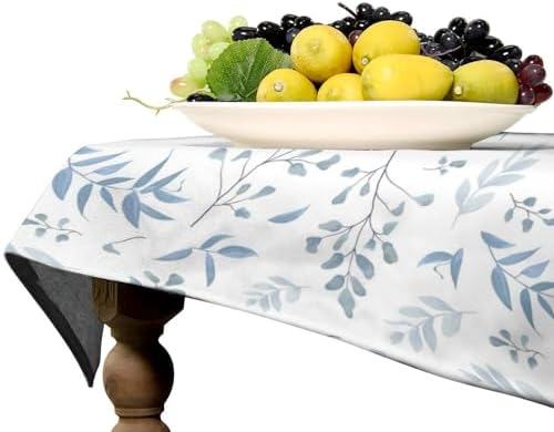 Blue Leaves Tablecloth, Summer Light Blue White Grey Leaves Fern Forest Herbs Plants Print Table Cloth for Indoor Outdoor Dining Table Party Picnic Decor 55x55in