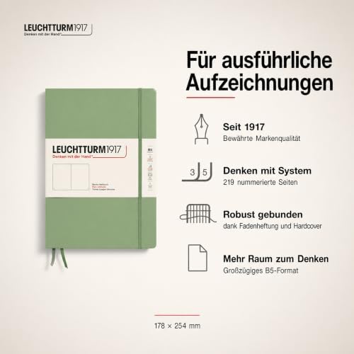LEUCHTTURM1917 - Notebook Hardcover Composition B5-219 Numbered Pages for Writing and Journaling (Sage, Plain)