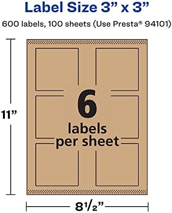 Avery® Kraft Brown Square Labels, Sure Feed® Technology, 3" x 3", 600 Kraft Brown Labels, Print-to-The-Edge, Laser/Inkjet Printable