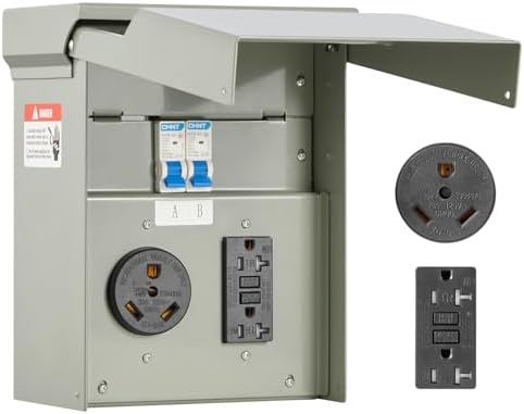 VEVOR Temporary Power Outlet Panel, RV Electrical Breaker Box with Prewired 30 Amp & 20 Amp GFCI Receptacle Circuit, Weatherproof RV Electrical Panel for RV Hookup Camper Travel Trailer Motorhome