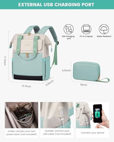 LOVEVOOK Laptop Backpack for Women, 15.6 Inch Work Laptop Bag with USB Port, Fashion Teacher Nurse Backpack Purse, Waterproof Travel Computer Backpack with Organizer Bag, 2PCS, Beige-Mint Green