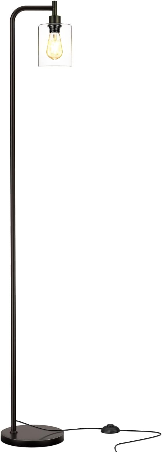 Ziisee Industrial Floor Lamp with Glass Shade - Black, LED Bulbs, Foot Pedal Switch, Easy Assembly