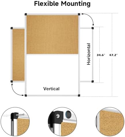 XBoard Magnetic Dry Erase Board Cork Board Combo, 48" x 36", Aluminum Frame