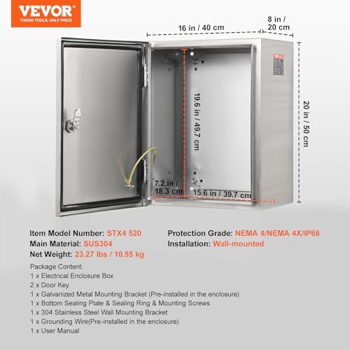 Steel Electrical Box, 20"x 16"x 8", 304 Stainless Steel Electrical Enclosure Box, Wall-Mounted Outdoor Electrical Electronic Equipment Enclosure with Mounting Plate Hinges Lock, IP66 Waterproof