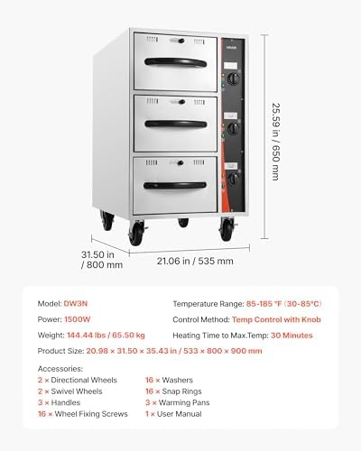 VEVOR Commercial Electric Drawer Warmer, Three-Drawer Stainless Steel Food Warmer, Freestanding Compact Warming Drawer Cabinet, 85°F–185°F Wide Temperature Range, for Restaurant, Hotel Buffet & Bakery
