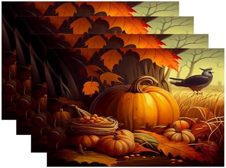 Batmerry Happy Thanksgiving Day Linen Placemats Set of 4, Pumpkin Harvest Turkey Rice Fields Washable Table Mats for Kitchen Table Thickened Heat Insulation Dining Set Indoor Outdoor 12X18 in