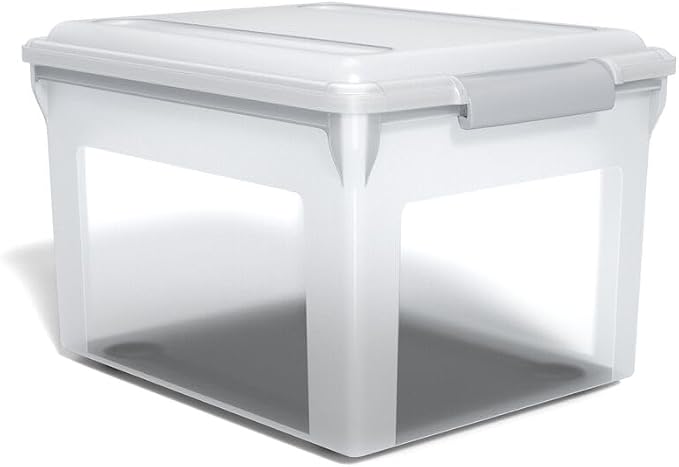 Staples Store & Slide Plastic File Box, Latching, Letter/Legal, 2/Pk | Clear, stackable box keeps hanging files secure and easy to transport.