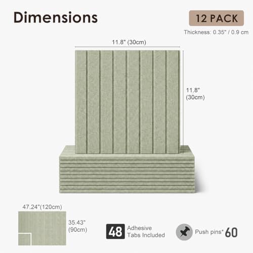 SIOLOC Ribbed Felt Bulletin Board Tiles, 12 Pack Sage Green Cork Board Alternative for Walls, Large Grooved Felt Wall Tiles, 47.2 x 35.4 in Large Pin Board for Office Classroom Dorm
