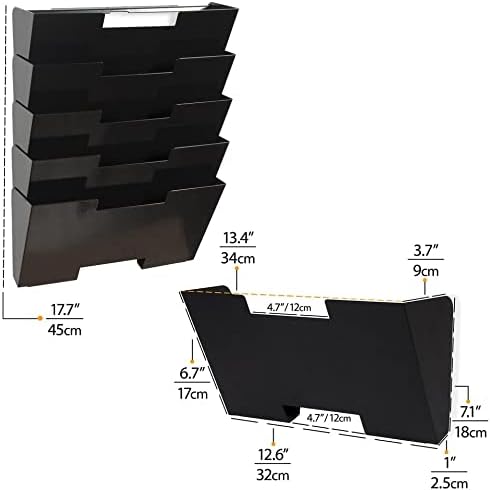 Wallniture Lisbon Wall Mounted File Holder Organizer, 5-Tier Metal Office Organization and Storage Rack, Wall Mount File Holder, Magazine Holder and Office Decor, Black