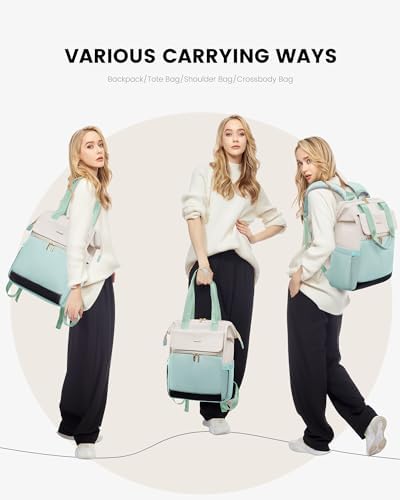 LOVEVOOK Laptop Backpack for Women, 15.6 Inch Work Laptop Bag with USB Port, Fashion Teacher Nurse Backpack Purse, Waterproof Travel Computer Backpack with Organizer Bag, 2PCS, Beige-Mint Green