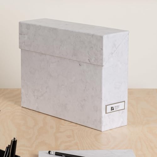 Bigso Lovisa Fiberboard Label Frame 12 File Storage Box - Paperwork Storage Box with Metal Label Holder - Durable Document Organizer with Flip Top Lid - 3.7in x 13in x 9.4 in - Marble