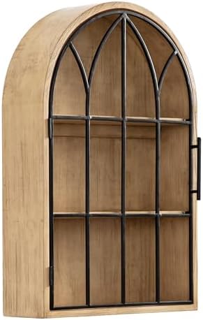 Kate and Laurel Megara Decorative Wooden Hanging Arched Wall Cabinet with Door for Open Storage; 16 x 5 x 24; Natural Wood and Black; Wooden Floating Wall Bathroom Cabinet for Above Toilet Storage