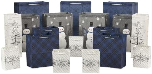 Hallmark Assorted Christmas Gift Bags Bulk - Snowflake, Tree, Snowman, Plaid (18 Gift Bags: 5 Small 5", 4 Medium 8", 4 Large 11", 3 XL 14", 2 Bottle Bags) for Holiday Parties, Hanukkah, Weddings