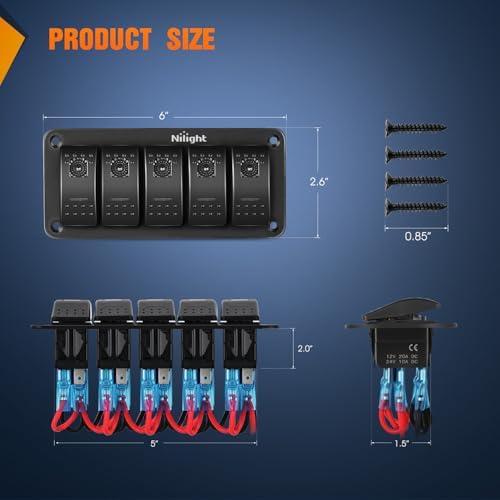 Nilight 5 Gang Rocker Switch Panel w/Purple LED Light 5Pin On Off Pre-Wired
