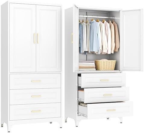 SteeLoong 71" Metal Wardrobe Cabinet,Armoire Wardrobe Closet with 3 Drawer