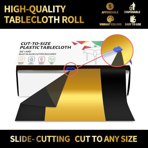 CXPSINC 54 Inch X 100 Feet Plastic Table Cover Roll Disposable Tablecloth with Slide Cutter for All Type/Shape Tables | Party, Banquet, Birthdays, Weddings(Black & Glod, 100 Feet)