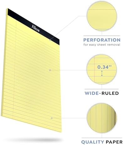 Alitte Yellow Legal Notepads 8.5 x 11, Pack of 3 - Perforated Wide Ruled Writing Pad - Premium Thick Paper, No Ink Bleeding - Blank Legal Pads For Home, Office, School, Business - 50 Sheets Per