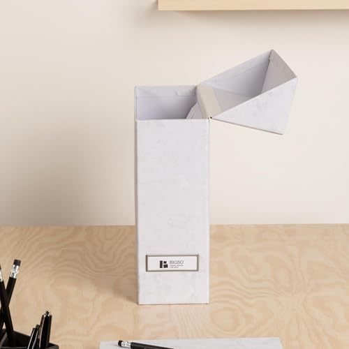 Bigso Lovisa Fiberboard Label Frame 12 File Storage Box - Paperwork Storage Box with Metal Label Holder - Durable Document Organizer with Flip Top Lid - 3.7in x 13in x 9.4 in - Marble