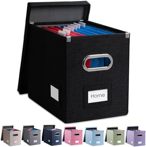 PRANDOM File Organizer Box - Set of 1 Collapsible Decorative Linen Filing Storage Hanging File Folders with Lids Office Cabinet Letter Size Black (14x9.3x10.8 inch)