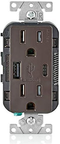 Leviton T5633-B Type A & Type-C USB in-Wall Charger with 15A Tamper-Resistant Outlet, USB Charger for Smartphones and Tablets. Not for Laptops, Brown