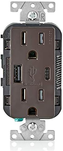 Leviton T5633-B Type A & Type-C USB in-Wall Charger with 15A Tamper-Resistant Outlet, USB Charger for Smartphones and Tablets. Not for Laptops, Brown