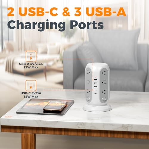TESSAN Tower Power Strip Surge Protector, Flat Extension Cord 15 Ft, Grey
