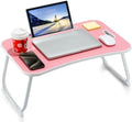ZEAPTAC Laptop Bed Desk, Foldable Lap Desk, Portable Lap Table, Laptop Stand with Cup Holder, Tablet Slot & Lifting Handle for Work, Write, Draw & Eat on Bed, Sofa or Couch - Pink