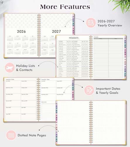 Academic Planner 2026-2027, 18 Months Weekly and Monthly Hardcover Planner, July 2026 - December 2027, 8.5" x 11" A4 Large Daily Calendar Planner Book with Tabs, Spiral College School Agenda Organizer for Student Teacher, Pink