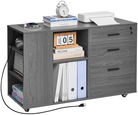 VEVOR 3 Drawer Wooden File Cabinet, Mobile Filing Cabinet with Power Strip, Lockable Rolling File Storage with Adjustable Shelves & 5 Wheels, Floor Standing Printer Stand for Home Office School, Gray