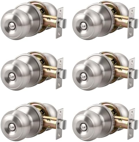 KNOBWELL 6 Pack Privacy Door Knob with Lock in Brushed Nickel Finish for Bedroom and Bathroom, Indoor Security Door Handle with Privacy Lock, Satin Nickel Interior Door Knobs