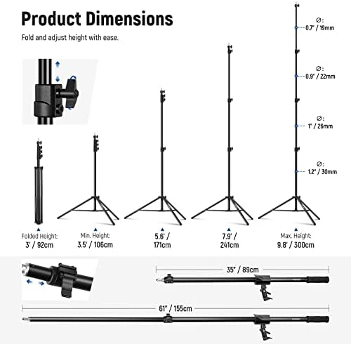 NEEWER Air Cushioned Aluminum Light Stand, 9.8ft/3m Adjustable Photography Stand with Boom Arm, Counterweight, Sandbag, 1/4" Screw for Softbox, Studio Flash, Umbrella, Ring Light, Max Load 5kg