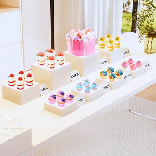 8” Buffet Risers with Mini Signs, Buffet Table Risers and Stands, Acrylic Cube Display Box for Catering Party Table Food Display, Dessert, Cakes - White, Set of 8 Boxes