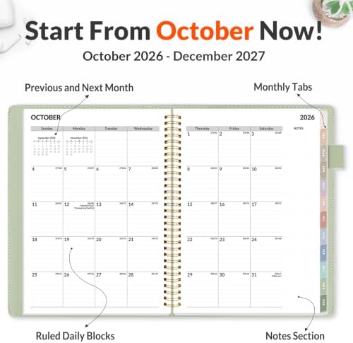 SUNEE 2027 Weekly & Monthly Planner 9"x11.2"- 12 Month (January 2027 - December 2027), Vegan Leather Cover, Pocket, Bookmark, Notes, Monthly Tab, Sage Green
