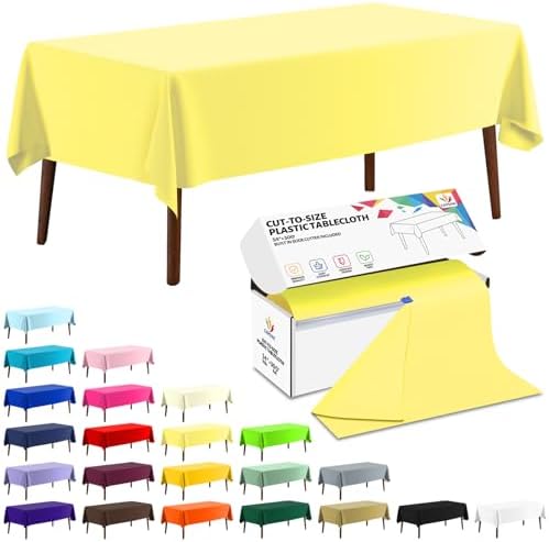 CXPSINC 54 Inch X 300 Feet Plastic Table Cover Roll Disposable Tablecloth with Slide Cutter for All Type/Shape Tables | Party, Banquet, Birthdays, Weddings(Light Yellow, 300 Feet)