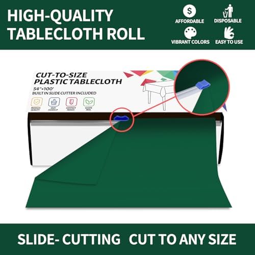 CXPSINC 54 Inch X 100 Feet Plastic Table Cover Roll Disposable Tablecloth with Slide Cutter for All Type/Shape Tables | Party, Banquet, Birthdays, Weddings(Green, 100 Feet)