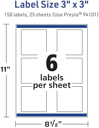 Avery® TrueBlock® Matte White Square Labels, Sure Feed® Technology, 3" x 3", 150 Matte White Labels, Print-to-The-Edge, Laser/Inkjet Printable, Great for Packaging and Product Merchandising
