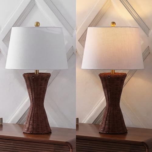 JONATHAN Y Laura Table Lamp 27" Rattan Hourglass, Dark Brown, Set of 2