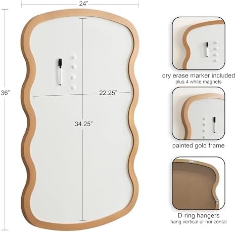 Kate and Laurel Holbrook Wavy Magnetic Dry Erase Board with Marker and Four Magnets; 24 x 36; Gold; Decorative Wall Organization White Board for Use as Bedroom or Dorm Room Decor