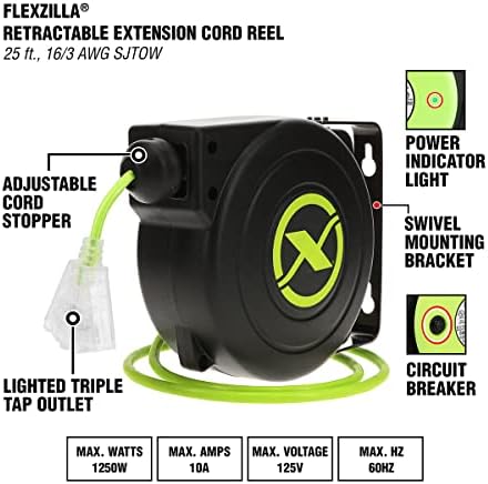 Flexzilla Retractable Extension 16/3 AWG 25' Electric Cord Reel, ZillaGreen, FZ8160253