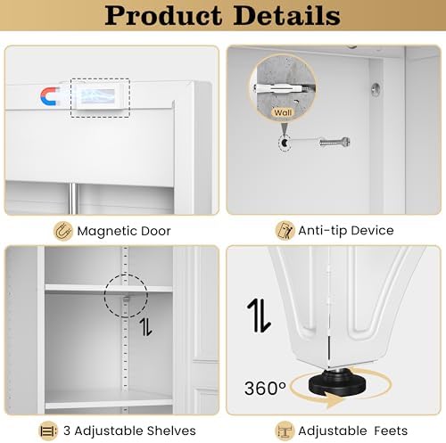71" White Metal Wardrobe Closet with Lock, Tall Storage Cabinet with Hanging Rod & 3 Adjustable Shelves, Heavy Duty Steel Armoire for Bedroom, Laundry, Home Office, Minimalist Design